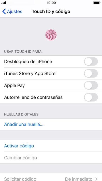 Pulsa Activar código e introduce un código de seguridad de libre elección dos veces seguidas. Pulsa Activar código e introduce un código de seguridad de libre elección dos veces seguidas.