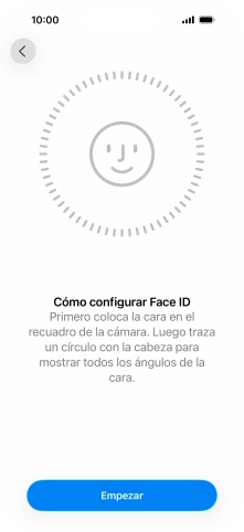 Pulsa Empezar y sigue las indicaciones de la pantalla para crear un código de seguridad con la función de reconocimiento facial (Face ID). Pulsa Empezar y sigue las indicaciones de la pantalla para crear un código de seguridad con la función de reconocimiento facial (Face ID).