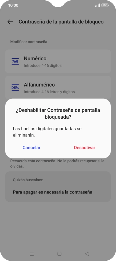 Pulsa Desactivar e introduce el código de seguridad extra que has creado anteriormente.