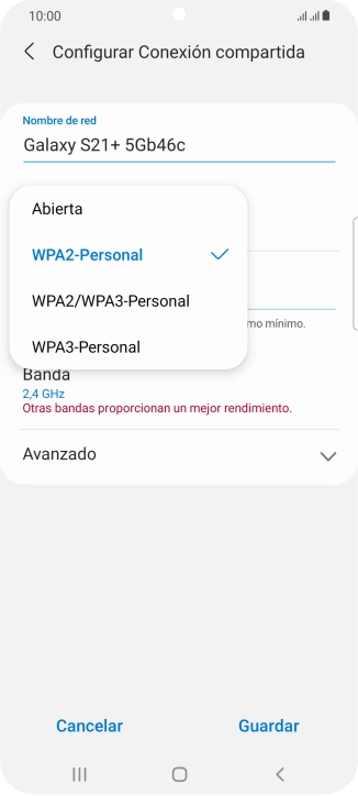 Pulsa WPA2-Personal para proteger la conexión wifi con una contraseña. Pulsa WPA2-Personal para proteger la conexión wifi con una contraseña.