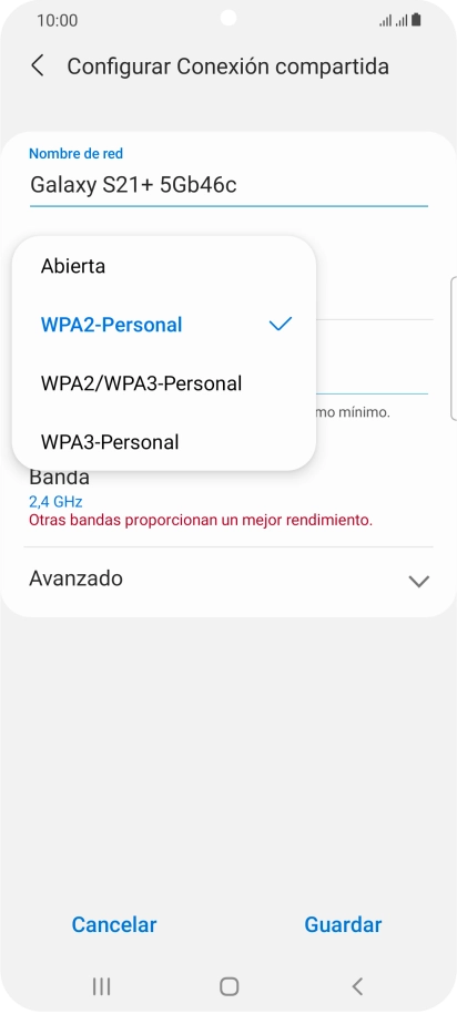 Pulsa WPA2-Personal para proteger la conexión wifi con una contraseña. Pulsa WPA2-Personal para proteger la conexión wifi con una contraseña.
