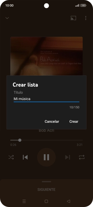 Introduce el nombre deseado de la lista de reproducción y pulsa Crear. Introduce el nombre deseado de la lista de reproducción y pulsa Crear.