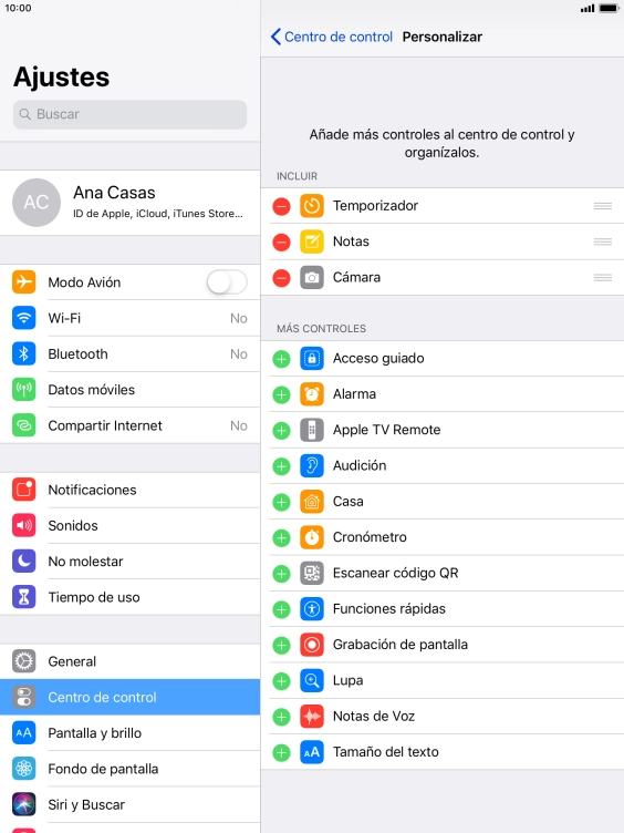 Pulsa el icono de eliminar junto a la función deseada para eliminarla del Centro de control. Pulsa el icono de eliminar junto a la función deseada para eliminarla del Centro de control.