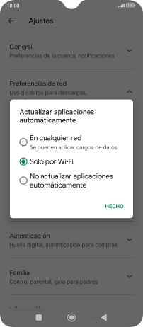 Para activar la actualización automática de apps utilizando la red móvil, pulsa En cualquier red. Para activar la actualización automática de apps utilizando la red móvil, pulsa En cualquier red.