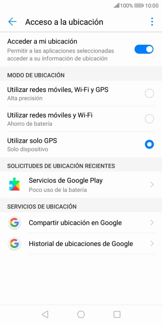 Si seleccionas Utilizar redes móviles, Wi-Fi y GPS, el teléfono podrá encontrar tu posición exacta con ayuda de los satélites GPS, la red móvil y una red wifi cercana. El GPS por satélite requiere vista libre al cielo. Si seleccionas Utilizar redes móviles, Wi-Fi y GPS, el teléfono podrá encontrar tu posición exacta con ayuda de los satélites GPS, la red móvil y una red wifi cercana. El GPS por satélite requiere vista libre al cielo.