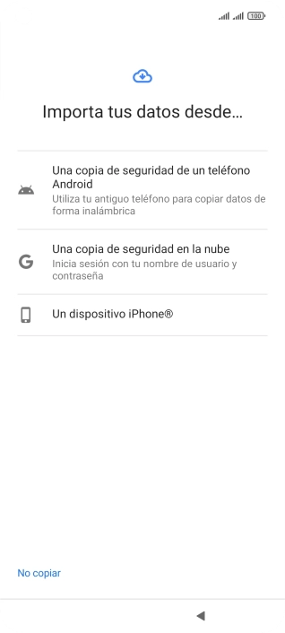 Pulsa la opción deseada y sigue las indicaciones de la pantalla para transferir contenido desde el otro teléfono y finalizar la activación de tu teléfono. Pulsa la opción deseada y sigue las indicaciones de la pantalla para transferir contenido desde el otro teléfono y finalizar la activación de tu teléfono.