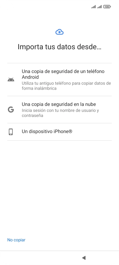 Pulsa la opción deseada y sigue las indicaciones de la pantalla para transferir contenido desde el otro teléfono y finalizar la activación de tu teléfono. Pulsa la opción deseada y sigue las indicaciones de la pantalla para transferir contenido desde el otro teléfono y finalizar la activación de tu teléfono.