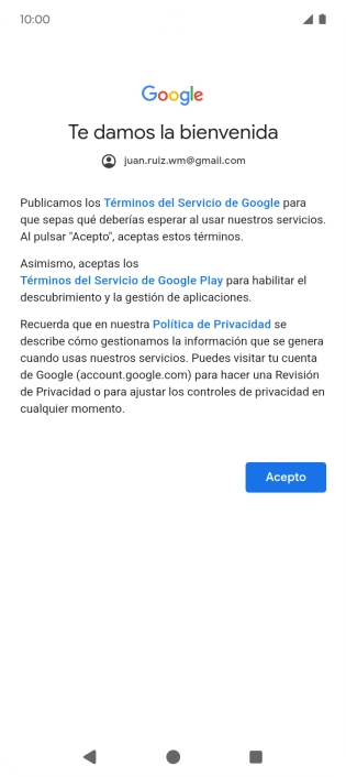 Pulsa Acepto y sigue las indicaciones de la pantalla para seleccionar los ajustes de tu cuenta de Google.