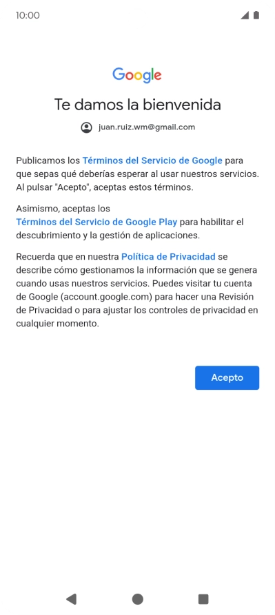 Pulsa Acepto y sigue las indicaciones de la pantalla para seleccionar los ajustes de tu cuenta de Google.