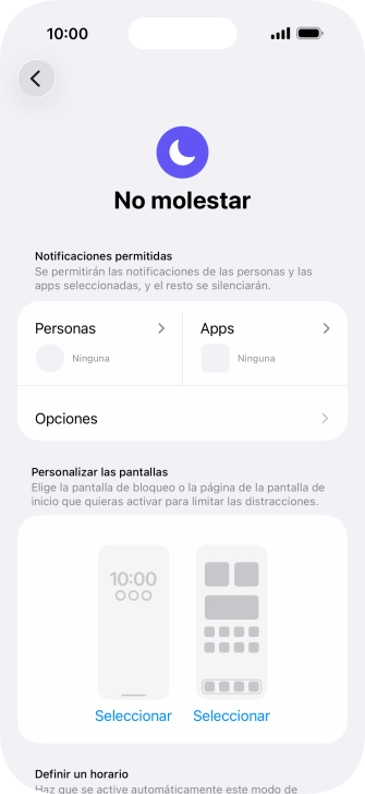 Pulsa Personas y sigue las indicaciones de la pantalla para seleccionar de qué contactos quieres recibir llamadas y notificaciones cuando No molestar está activado. Pulsa Personas y sigue las indicaciones de la pantalla para seleccionar de qué contactos quieres recibir llamadas y notificaciones cuando No molestar está activado.