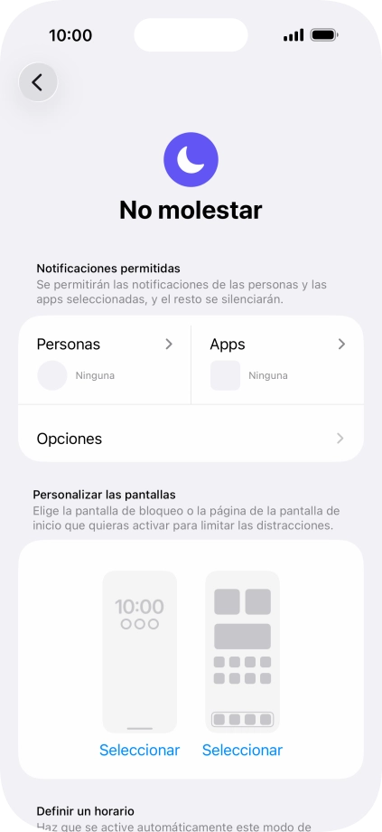 Pulsa Personas y sigue las indicaciones de la pantalla para seleccionar de qué contactos quieres recibir llamadas y notificaciones cuando No molestar está activado. Pulsa Personas y sigue las indicaciones de la pantalla para seleccionar de qué contactos quieres recibir llamadas y notificaciones cuando No molestar está activado.
