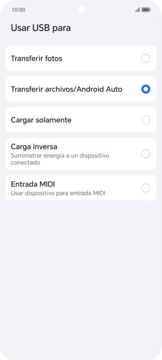 Pulsa Transferir archivos/Android Auto. Pulsa Transferir archivos/Android Auto.