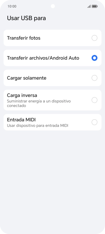 Pulsa Transferir archivos/Android Auto. Pulsa Transferir archivos/Android Auto.