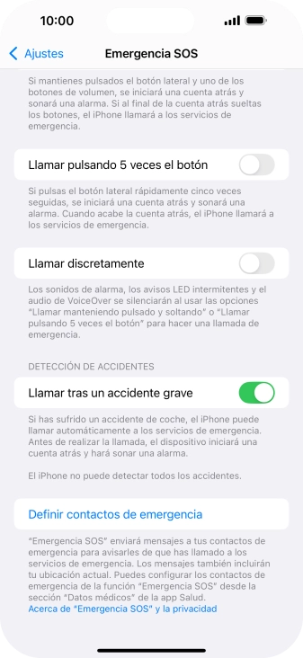 Pulsa Definir contactos de emergencia y sigue las indicaciones de la pantalla para insertar la información y tus contactos de emergencia. Pulsa Definir contactos de emergencia y sigue las indicaciones de la pantalla para insertar la información y tus contactos de emergencia.