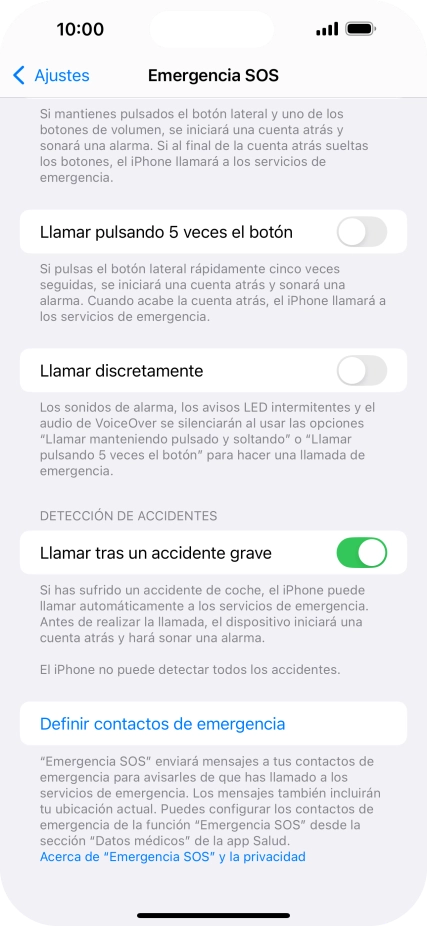 Pulsa Definir contactos de emergencia y sigue las indicaciones de la pantalla para insertar la información y tus contactos de emergencia. Pulsa Definir contactos de emergencia y sigue las indicaciones de la pantalla para insertar la información y tus contactos de emergencia.