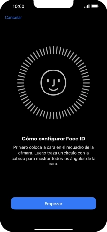 Pulsa Empezar y sigue las indicaciones de la pantalla para crear un código de seguridad con la función de reconocimiento facial (Face ID). Pulsa Empezar y sigue las indicaciones de la pantalla para crear un código de seguridad con la función de reconocimiento facial (Face ID).