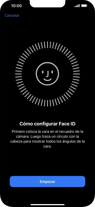 Pulsa Empezar y sigue las indicaciones de la pantalla para crear un código de seguridad con la función de reconocimiento facial (Face ID). Pulsa Empezar y sigue las indicaciones de la pantalla para crear un código de seguridad con la función de reconocimiento facial (Face ID).