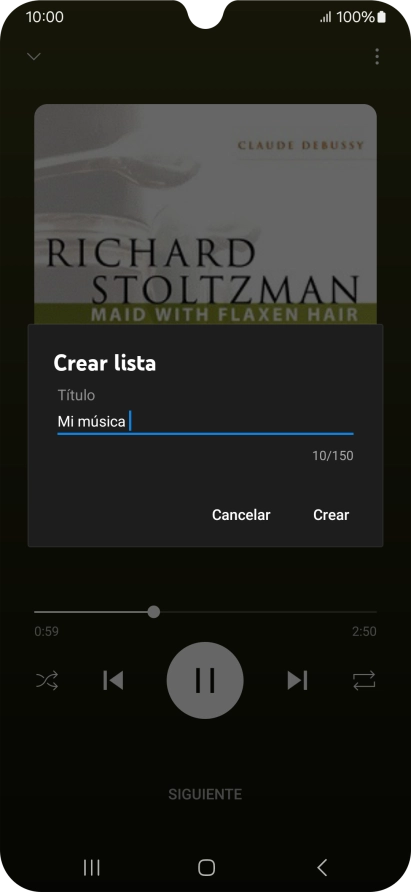 Introduce el nombre deseado de la lista de reproducción y pulsa Crear. Introduce el nombre deseado de la lista de reproducción y pulsa Crear.