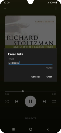 Introduce el nombre deseado de la lista de reproducción y pulsa Crear. Introduce el nombre deseado de la lista de reproducción y pulsa Crear.