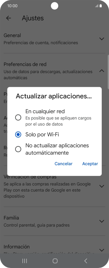 Para activar la actualización automática de apps utilizando la red móvil, pulsa Actualizar todas las apps con Wi-Fi o datos móviles. Para activar la actualización automática de apps utilizando la red móvil, pulsa Actualizar todas las apps con Wi-Fi o datos móviles.
