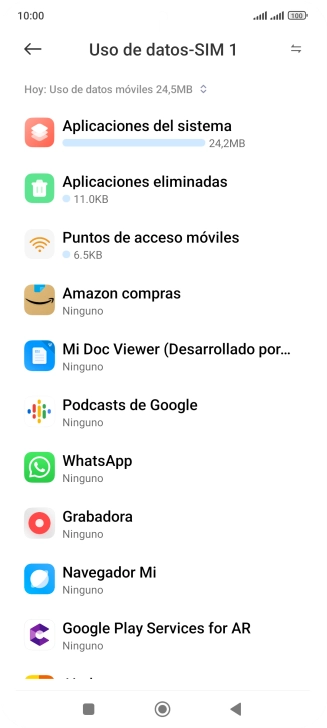 El consumo de datos por cada aplicación aparece bajo el nombre de la aplicación. El consumo de datos por cada aplicación aparece bajo el nombre de la aplicación.