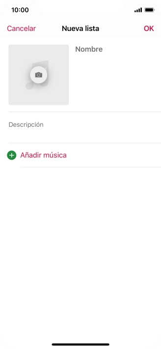 Pulsa en el campo de escritura e introduce el nombre de la lista de reproducción. Pulsa en el campo de escritura e introduce el nombre de la lista de reproducción.