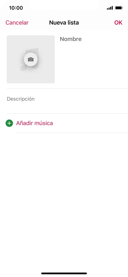 Pulsa en el campo de escritura e introduce el nombre de la lista de reproducción. Pulsa en el campo de escritura e introduce el nombre de la lista de reproducción.