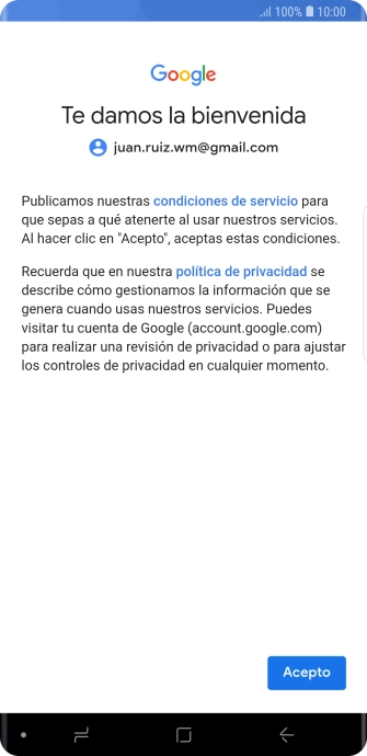 Pulsa Acepto y sigue las indicaciones de la pantalla para seleccionar los ajustes de tu cuenta de Google. Pulsa Acepto y sigue las indicaciones de la pantalla para seleccionar los ajustes de tu cuenta de Google.