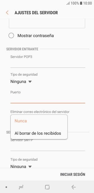 Pulsa Nunca para conservar los correos electrónicos en el servidor cuando los borras del teléfono.