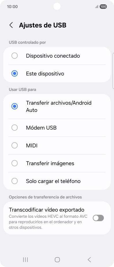 Pulsa Transferir archivos/Android Auto.