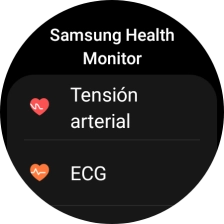 Pulsa Tensión arterial y sigue las indicaciones de la pantalla para medir tu presión sanguínea. Pulsa Tensión arterial y sigue las indicaciones de la pantalla para medir tu presión sanguínea.