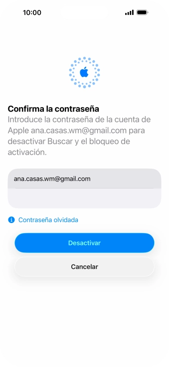 Introduce la contraseña de tu Cuenta de Apple y pulsa Desactivar. Espera unos instantes mientras el teléfono restablece la configuración predeterminada. Sigue las indicaciones de la pantalla para configurar el teléfono y dejarlo listo para su uso. Introduce la contraseña de tu Cuenta de Apple y pulsa Desactivar. Espera unos instantes mientras el teléfono restablece la configuración predeterminada. Sigue las indicaciones de la pantalla para configurar el teléfono y dejarlo listo para su uso.