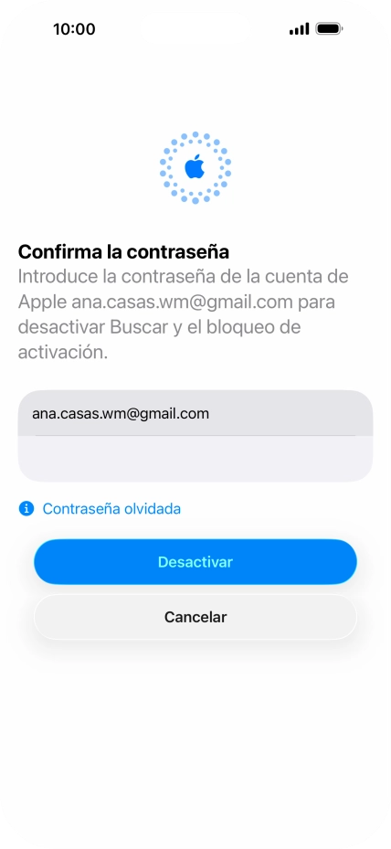 Introduce la contraseña de tu Cuenta de Apple y pulsa Desactivar. Espera unos instantes mientras el teléfono restablece la configuración predeterminada. Sigue las indicaciones de la pantalla para configurar el teléfono y dejarlo listo para su uso. Introduce la contraseña de tu Cuenta de Apple y pulsa Desactivar. Espera unos instantes mientras el teléfono restablece la configuración predeterminada. Sigue las indicaciones de la pantalla para configurar el teléfono y dejarlo listo para su uso.