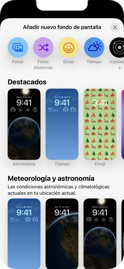 Pulsa una categoría y sigue las indicaciones de la pantalla para seleccionar la imagen de fondo deseada. Pulsa una categoría y sigue las indicaciones de la pantalla para seleccionar la imagen de fondo deseada.
