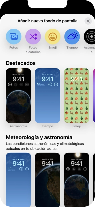 Pulsa una categoría y sigue las indicaciones de la pantalla para seleccionar la imagen de fondo deseada. Pulsa una categoría y sigue las indicaciones de la pantalla para seleccionar la imagen de fondo deseada.