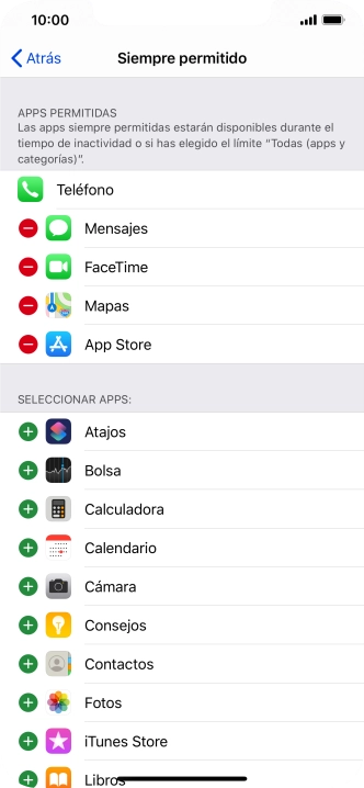 Pulsa el icono de eliminar junto a la app deseada para borrarla de la lista de apps permitidas bajo el tiempo de inactividad de pantalla.