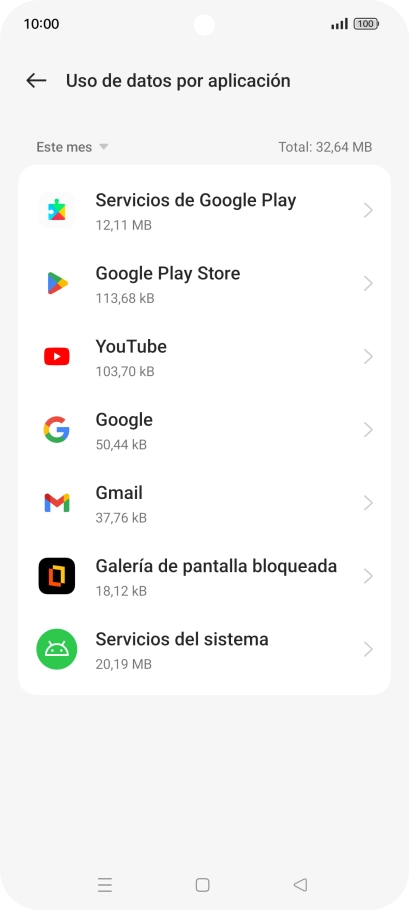 El consumo de datos por cada aplicación aparece bajo el nombre de la aplicación.