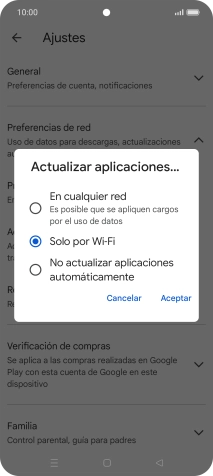 Para activar la actualización automática de apps utilizando la red móvil, pulsa En cualquier red. Para activar la actualización automática de apps utilizando la red móvil, pulsa En cualquier red.