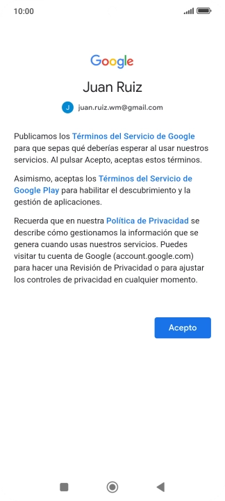 Pulsa Acepto y sigue las indicaciones de la pantalla para seleccionar los ajustes de tu cuenta de Google.