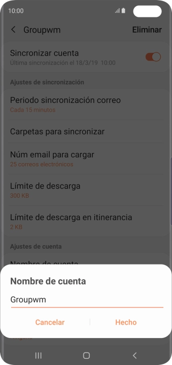 Introduce el nombre deseado de la cuenta de correo electrónico y pulsa Hecho. Introduce el nombre deseado de la cuenta de correo electrónico y pulsa Hecho.