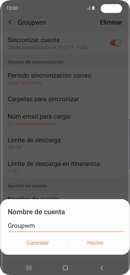 Introduce el nombre deseado de la cuenta de correo electrónico y pulsa Hecho. Introduce el nombre deseado de la cuenta de correo electrónico y pulsa Hecho.