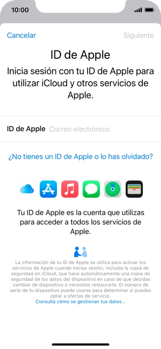 Si no tienes un ID de Apple, pulsa ¿No tienes un ID de Apple o lo has olvidado? y sigue las indicaciones de la pantalla para ver cómo crear un ID de Apple. Si no tienes un ID de Apple, pulsa ¿No tienes un ID de Apple o lo has olvidado? y sigue las indicaciones de la pantalla para ver cómo crear un ID de Apple.