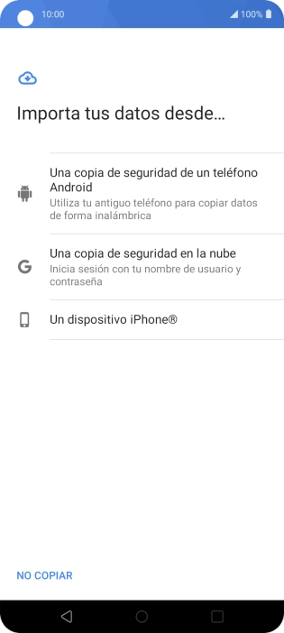 Pulsa la opción deseada y sigue las indicaciones de la pantalla para transferir contenido desde el otro teléfono y finalizar la activación de tu teléfono. Pulsa la opción deseada y sigue las indicaciones de la pantalla para transferir contenido desde el otro teléfono y finalizar la activación de tu teléfono.