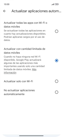 Para activar la actualización automática de apps a través de la red móvil, pulsa el campo junto a Para activar la actualización automática de apps a través de la red móvil, pulsa el campo junto a