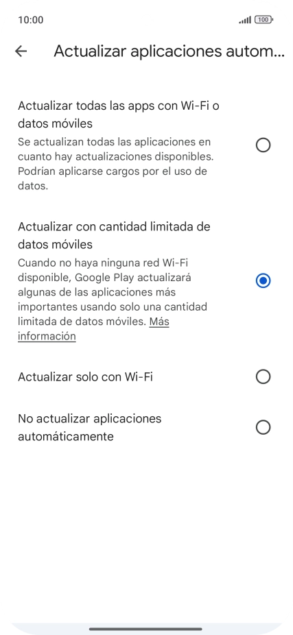 Para activar la actualización automática de apps a través de la red móvil, pulsa el campo junto a Para activar la actualización automática de apps a través de la red móvil, pulsa el campo junto a