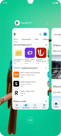 Para cerrar una sola aplicación en ejecución, desliza el dedo hacia arriba sobre la aplicación deseada. Para cerrar una sola aplicación en ejecución, desliza el dedo hacia arriba sobre la aplicación deseada.