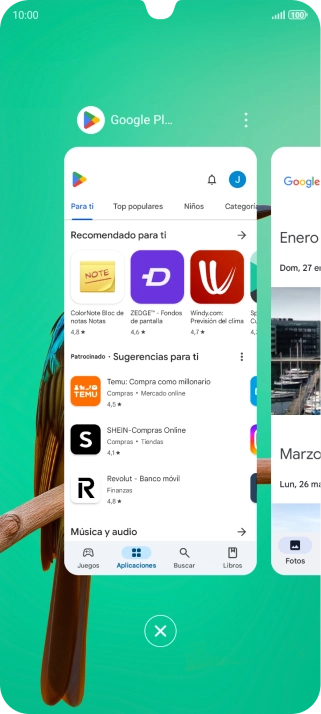 Para cerrar una sola aplicación en ejecución, desliza el dedo hacia arriba sobre la aplicación deseada. Para cerrar una sola aplicación en ejecución, desliza el dedo hacia arriba sobre la aplicación deseada.