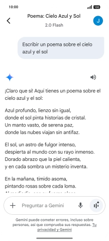 A Gemini le puedes pedir que genere un texto a partir de una descripción tuya. A Gemini le puedes pedir que genere un texto a partir de una descripción tuya.