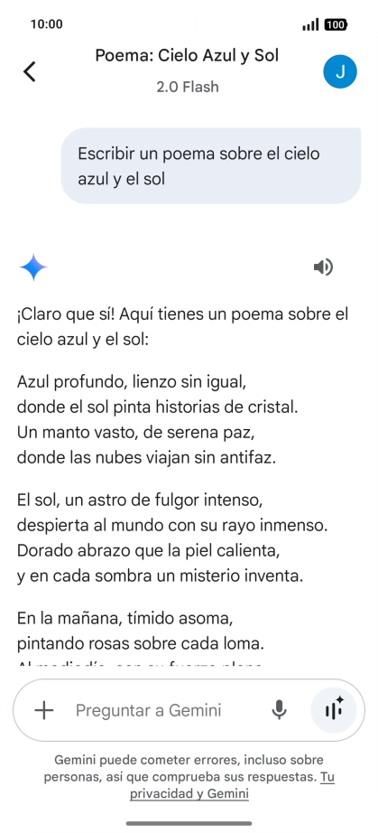 A Gemini le puedes pedir que genere un texto a partir de una descripción tuya. A Gemini le puedes pedir que genere un texto a partir de una descripción tuya.