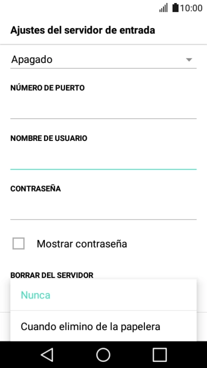 Pulsa Nunca para conservar los correos electrónicos en el servidor cuando los borras del teléfono. Pulsa Nunca para conservar los correos electrónicos en el servidor cuando los borras del teléfono.